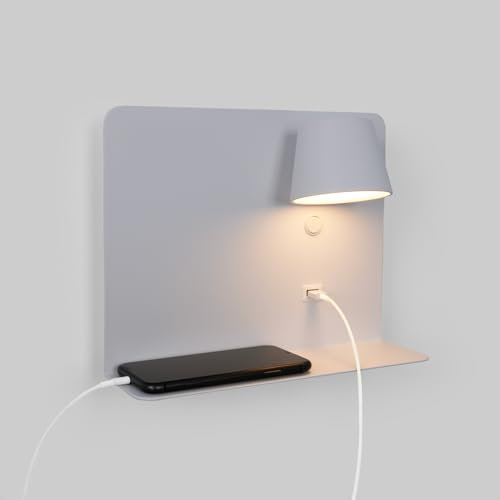 BarcelonaLED Applique Lampada da parete a LED in alluminio bianco con base di ricarica USB, faretto orientabile da 6 W, luce bianca calda 2700 K e interruttore per camera da letto, soggiorno