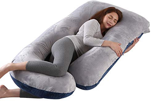 ShowyLive Almohada Embarazada Dormir Cojin Lactancia 70 x 145 cm para Mujeres Embarazadas, Adultos, 100% Algodon Soporte Completo para el Cuerpo (Bleu et Gris)