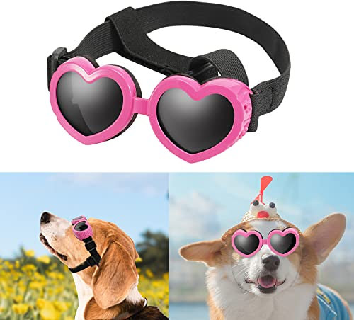 Sonnenbrille für Hunde UV Schutzbrille Hundebrille Winddicht Verstellbare Herzform Hundebrille Antibeschlagbrille & Wasserdichter für Kleine Hunde (Rosa)