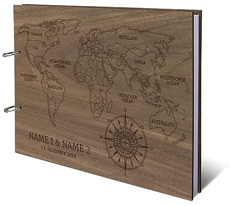 Hochzeit Gästebuch Nussbaum Amerikanisch Ringbuch mit individueller Lasergravur Holzcover 72 Blatt | 144 Seiten DIN A4 quer - Weltkarte