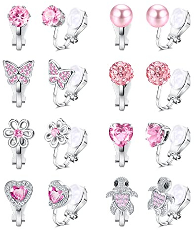 JeweBella 8 Paires Boucles Oreilles Clip pour Enfant Fille Femme Clips Oreilles Non Percées en Coeur Étoile Fleur Tortue Hypoallergénique Mignon Fantaisie Rose Boucles d'Oreilles Clip Sans Trou