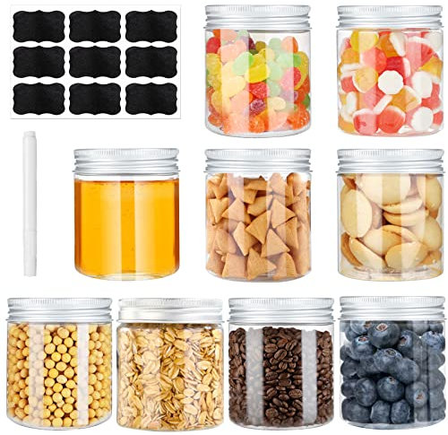 9Pcs Contenitori plastica con coperchio, Contenitori ermetici per alimenti(250ML), Barattoli plastica con coperchio, Barattoli plastica trasparente, Barattolo piccolo per Cereali&Muesli&Farina