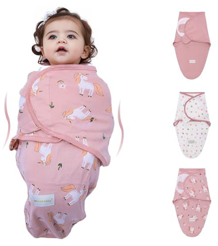 3 Pack Pucksack Baby 0-3 3-6 Monate Baby Decke Pucktuch Babyschlafsack Neugeborene Swaddle Decke aus 100% Bio-Baumwolle (Rosa Pony, S)