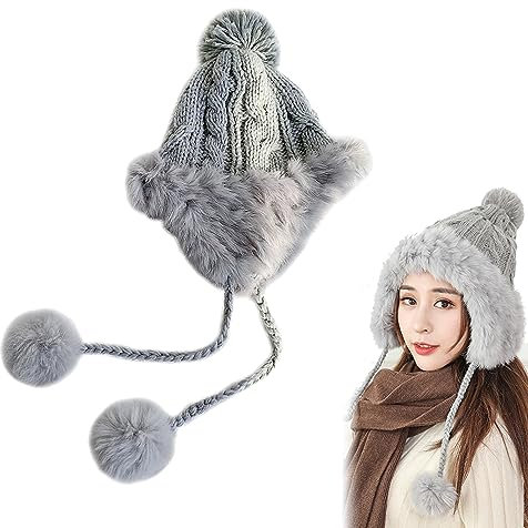 Funmo Damen Mütze mit Fleece gefüttert, Wintermütze mit Bommel und Ohrenklappen Winddichter Schal Hut 2 in 1 Frauen Flanell Schalmütze Winter Warm Ski Hat Cycling Hat Winter Strickmütze