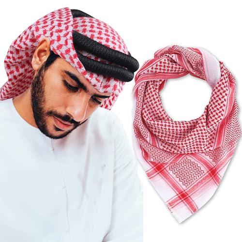 YI HENG MEI Head Scarf Keffiyeh Shemagh Turban Head Wrap Muslim Arab Saudi Dubai Headwear for Men Women, Red, 1PCS