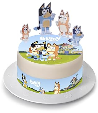 Kardasis Bluey Cialda per Torte in Pasta di Zucchero con Figure di Carta - Ostia Decorativa Commestibile per Torta - Divertenti Decorazioni per Torte - 20 cm + 4 Nastri + 4 Figure