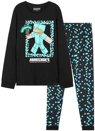 Minecraft Pyjama Garcon, Ensemble Enfant avec Chaud T-Shirt et Pantalon, Vêtement de Nuit, Gaming Merchandise, Idee Cadeau(Noir/Bleu, 11-12 Ans)