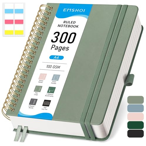 EMSHOI A4 Notebook Lined, Hardcover Spiral Notepad, 300 Pages, Sage Green