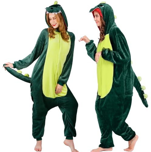 Disfraz unisex Onesie Disfraz de pijama de una pieza para adultos con capucha, pijama de animal, ropa de peluche para cosplay, carnaval, fiestas de Halloween, Verde, S