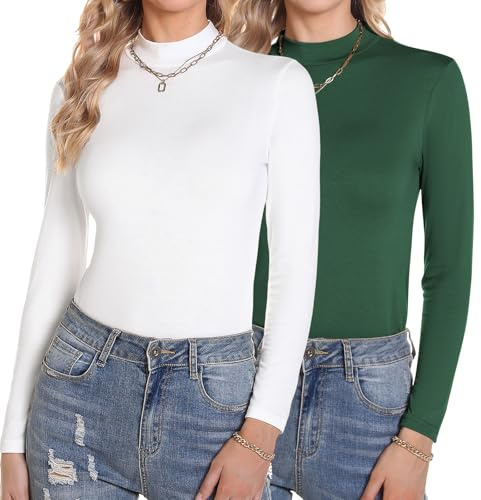 Aottori Camiseta Cuello Alto Mujer Pack de 2 Manga Larga Básica Top Elegante Sólido Camisa Casual Ligero Elástico Suave Interior Térmico T Shirt