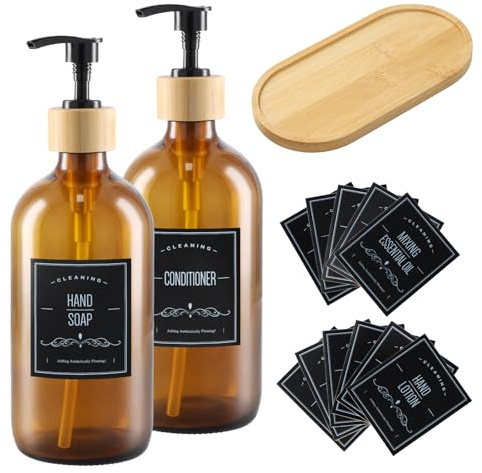 2 Pcs Amber Glass Soap Dispensers, 500ml/17oz Refillable Lotion Dispensers, Empty Press Pump Bottles, Shower Gel Dispenser and Shampoo with Wooden Tray and Label