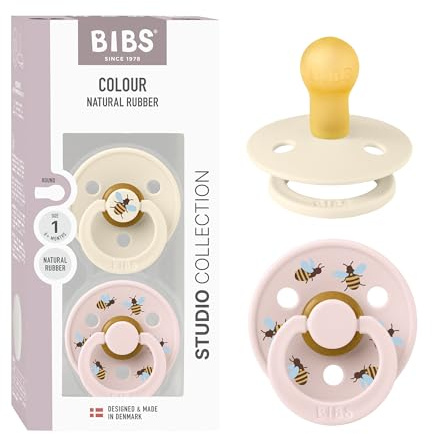 BIBS Colour Studio Soother 2-Pack, BPA Free Dummy Pacifier, Round Nipple. Natural Rubber Latex, Made in Denmark, Size 1 (0-6 Months), Ivory/Petal