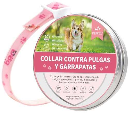 DEWEL Collar Antiparasitario Perros, Collar contra Pulgas Garrapatas Mosquitos y Piojos, Control Antipulgas para Perros y Gatos por 4-6 Meses, Tamaño Ajustable y Cortable 63.5 cm Rosa