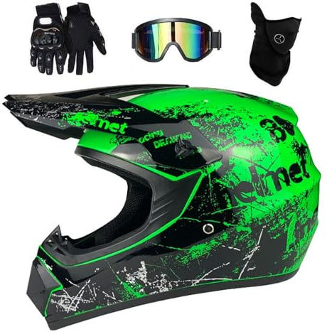 Dual Sport Casco da Motocross, Gioventù Bambini Integrali Fuoristrada Corsa Moto Incidente Caschi, Discesa BMX MTB ATV Enduro Quad Dirt Bike Casco, con Occhiali Guanti Maschera(Green,XL/58-59CM)