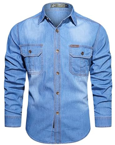 Chemises pour hommes à manches longues, chemise en jean coupe droite boutonnée, t-shirt avec double poche, hauts de travail en jean pour affaires, blouse, 5XL