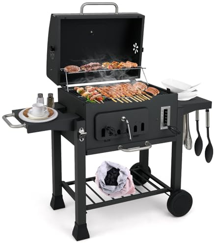 COSTWAY kolgrill, grillvagn med lock, hjul, 2 fällbara sidobord, grillgaller, termometer, 6-vägs kolbehållare och förvaringsfack, stågrill, kolgrillvagn