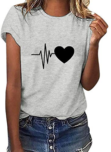 Tuopuda Magliette Donna Estive T-Shirt Manica Corta Elegante Top Cotone Crew Neck Graphic Tee Maglietta Casual Camicia Stampa Shirt Divertenti Sportivi Blusa Moda Top Taglie Forti, Grigio, M