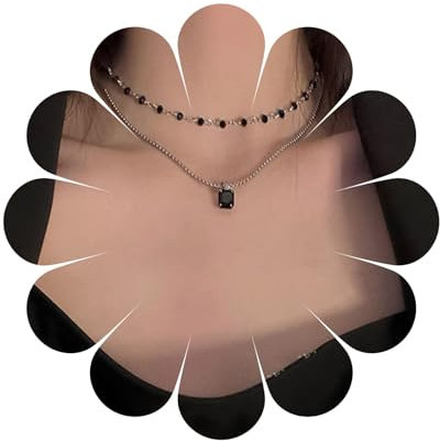 Aneneiceera Boho Mehrschichtige Glänzende Strass Halskette mit Schwarzer Perlen Choker und Silberkette mit Schwarzem Kristall Anhänger - Minimalistische Schmuckkette