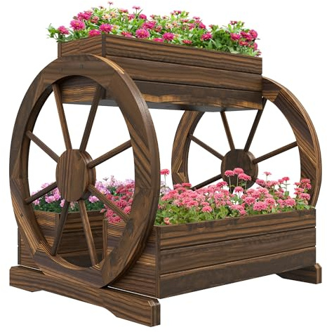 Outsunny Jardinera de Madera para Exterior de 2 Niveles, Huerto Elevado con 3 Floreros y Ruedas de Carreta Estilo Campestre, 64x54x60cm