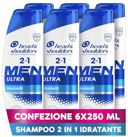 Head & Shoulders Men Ultra Idratante 2 in 1 Shampoo e Balsamo Antiforfora 6x250ml per Uso Quotidiano. Combatte Forfora, Prurito, Secchezza e Capelli Grassi. Con Minerali Marini. Sensazione Di Pulizia