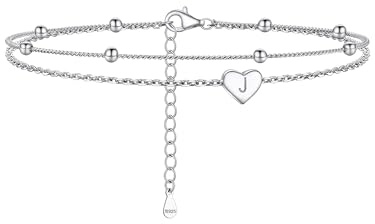 PROSILVER 22 cm Silver ankel för kvinnor, dubbellagers fotkedja med hjärta initial J