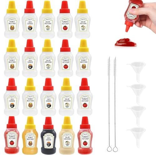 WATUNID 20 Stück Min Squeeze Flaschen, 25ml Ketchup Flasche mit 4 Stück Trichter und 2 Stück Kleine Reinigungsbürste, Kunststoff Tragbarer Quetschflasche, Saucenflasche Für BBQ, Dressing