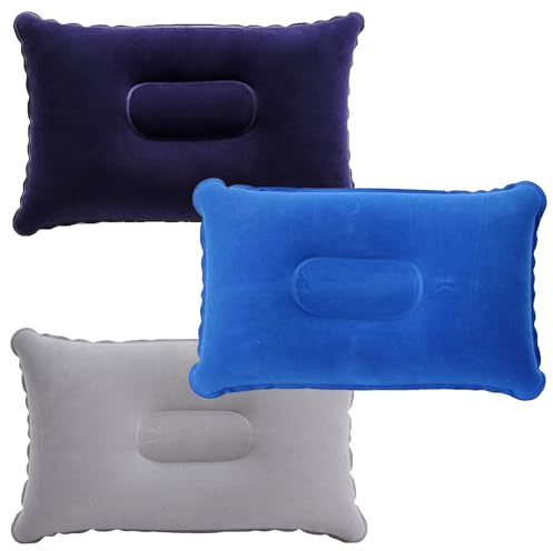 Bloomique 3PCS Inflatable Pillows, Blow Up Pillow 34 * 22CM Soft Flocked Surface Air Pillow Portable Water Resistant Ultra Light Compressible Camping Travel Pillow For Travel Camping Fishing