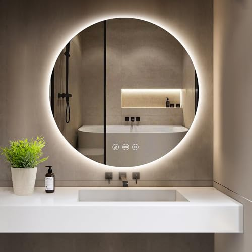 GIMBELEN Badrumsspegel med belysning, rund badrumsspegel 80 cm med 3 ljusfärger, dimbar, anti-dimma, touch-brytare, minnesfunktion, LED-badrumsspegel med ljus, energibesparande