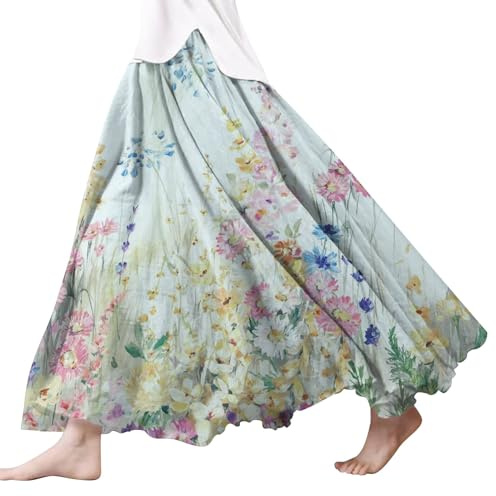 Linnekjol utsvängd kjol lång hög midja blommig kjol lös tryck kjol långa kjolar för kvinnor UK elastisk midja boho maxikjolar för kvinnor UK lång A-linje kjol långa kjolar för kvinnor UK, BLÅ, XXL