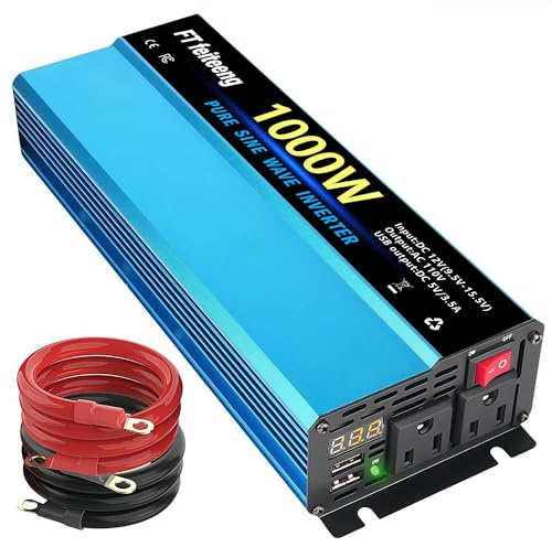 1000W Pure Sine Wave Inverter, 12V to 110V DC to AC Converter with LED Display and Dual AC Socket & 5V 3.4A USB for Car Truck RV Home Camping