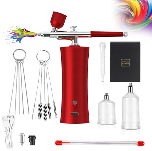Melearch Kit aérographe Portable sans Fil avec Chargement USB, Ensemble de Pistolet aérographe pour décoration de gâteaux, Peinture de modèles, Ongles, Soins de la Peau - Rouge