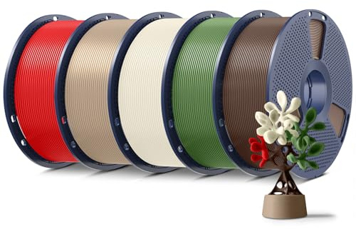 SUNLU 5KG PLA+ Filamentpaket, Förbättrad hållbarhet och hög styrka, PLA Plus 3D-skrivarfilament för 3D FDM-skrivare, 1 kg per spole, 5 rullar, Benvit+Ek+Kaffebrun+Olivgrön+Röd