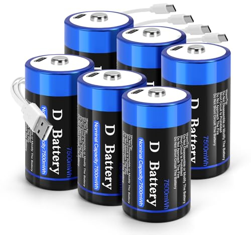 Batteria al litio USB D, batterie ricaricabili USB D da 1,5 V, ricarica rapida in 2 ore con cavo di ricarica di tipo C (confezione da 6)