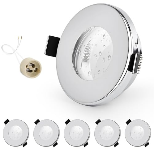 GeyouLux 6x infälld LED-spotlight IP65 ram med GU10-uttag, takspotlights i borstat krom, platta runda spotlights badrum spotlight 68 mm installationsram för utomhus- inomhus