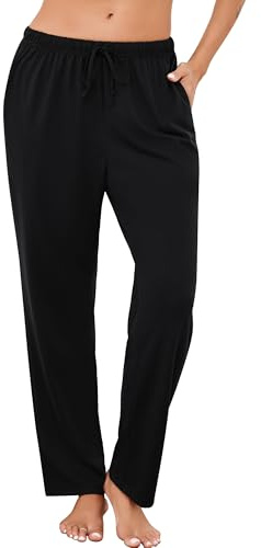 Vlazom Pantalon de Pyjama Femme Coton Bas de Pyjama à Taille Ajustable avec Poches Couleur Unie，Noir，L