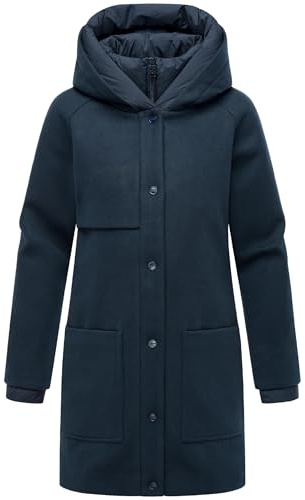 Navahoo Giacca lunga da donna, effetto lana, con cappuccio e inserto trapuntato, 14, S-3XL, blu navy, L