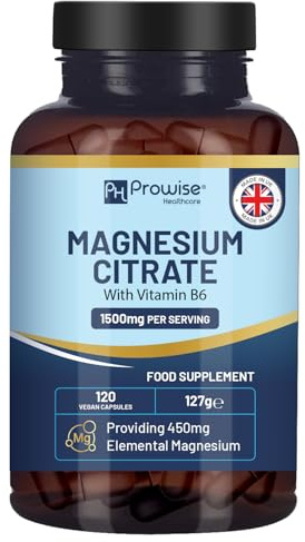 Capsule di citrato di magnesio 1500 mg con vitamina B6 | 120 capsule vegane | 450 mg di magnesio elementare | Integratori di magnesio ad alta concentrazione per donne e uomini