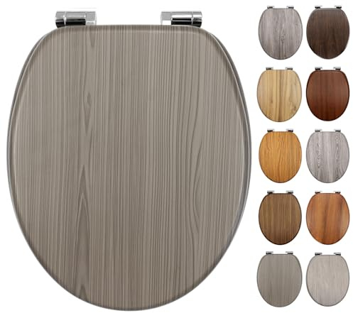Fanmitrk Standard Wooden Toilet Seat Soft Close, MDF Adjustable Hinges with Bottom Fixture,Easy to Clean and Install for Bathroom (BLG31302-01)