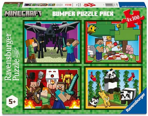 Ravensburger - Minecraft 4 x 100 bitar | Pussel Barn 5 år och uppåt | Pussel 100 bitar om 36 x 26 | Ravensburger pussel | Present till barn 5 år | Presentidéer