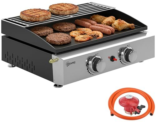 Plancha de parrilla Outsunny de 2 quemadores, plancha de gas portátil con rejilla calentadora, 5 kW, barbacoa de gas de mesa con recipiente para grasa para acampadas, picnics y patios, color negro.