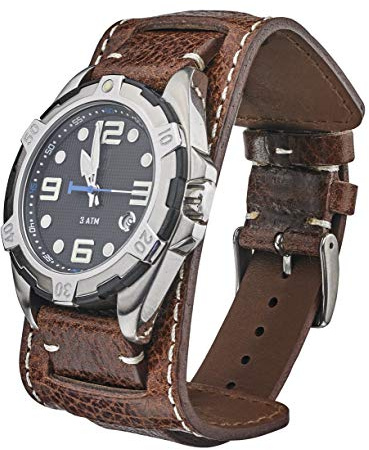 ALPINE Genuine Vintage Leather Cuff Watch Strap - Black, Brown, Tan in Sizes 20mm, 22mm & 24mm - (BROWN - 22MM)