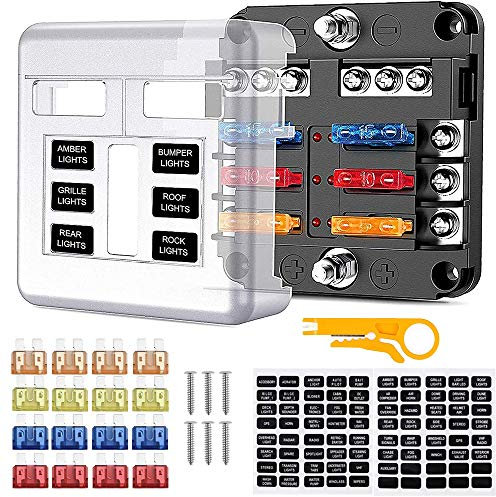 6 Fach Sicherungshalter, KFZ Sicherungskasten ATO 12V/24V Blade Sicherungsblock, Auto Sicherungsdose mit 16pcs Sicherungen und LED-Anzeige Schutzabdeckung für Auto Boot Marine SUV