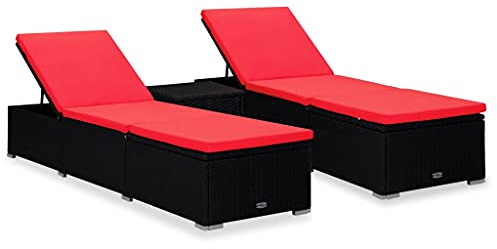 KTHLBRH 3 Piece Garden Sun Loungers with Tea Table Poly Rattan Black Adjustable Outside Patio Sunlounger.Outdoor Wooden Rattanen Lounge Chair