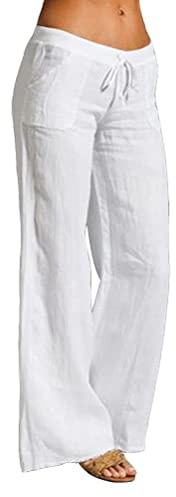 ORANDESIGNE Donna Pantaloni Cotone Lino Estivi a Vita Bassa Con Coulisse Spiaggia Morbidi Confortevoli Casual Larghi Colore Solido 9/10 Lunghezza