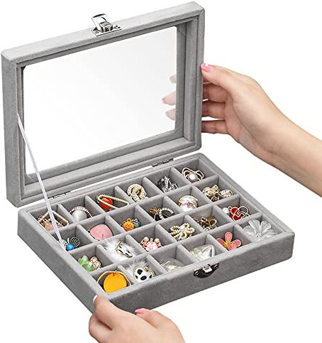 EMAGEREN Porta Orecchini Organizer Porta Anelli Porta Gioielli in Argento Portagioie con Serratura Porta Orecchini Espositore Gioielli in Velluto 24 Griglie con Coperchio Trasparente