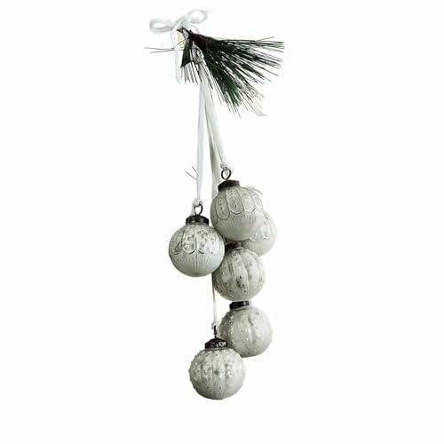 Loberon Weihnachtsschmuck 6er Set Tara, Weihnachtskugeln, weiße Weihnachtsdeko, Glas, Eisen, Polyestersamt, H/Ø ca. 6/5 cm, antikweiß