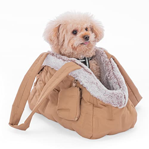 A 4 PET Dog Carrier Handbag, Pet Sling for Small Dogs Winter Warm With Pocket, Lightweight Puppy Bag Outdoor, Cat Handbags for Travel, Shopping, Khaki, 40x20x24 cm
