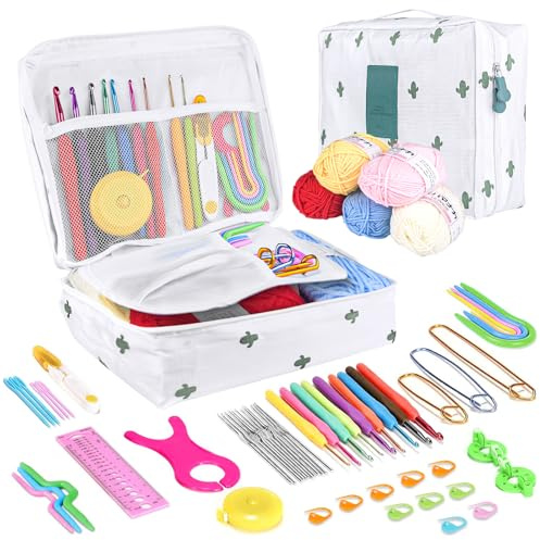 Qianyou 59 Pezzi Kit Uncinetto Principianti, Uncinetto Set,Kit Punto Croce per Adulti, con 21 Pezzi di Uncinetto da 0,6 mm a 6 mm, Lana, Forbici, Borsa Portatile, Kit di Ricamo per Adulti