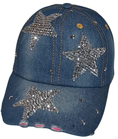 Popfizzy Bling-Mütze für Frauen, Strass-Baseballkappe, Bedazzled Distressed Denim-Hüte, Geburtstagsgeschenke für Frauen, verstellbar, Triple Star (Denim), Einheitsgröße