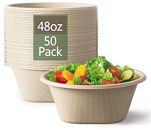 Homestockplus 48 Oz Disposable Bowls - Heavy Duty and Compostable Bowl - Made from Sugarcane and Bamboo Fibers, Microwave Safe - Large Paper Bowl for Soup, Salad, Ramen, Popcorn, etc. [50 Pack]